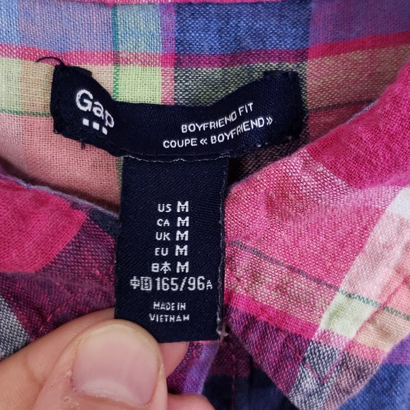 Gap Women's M Linen Blend Plaid Boyfriend Fit Long Sleeve Button Up Shirt Pink - Picture 5 of 6